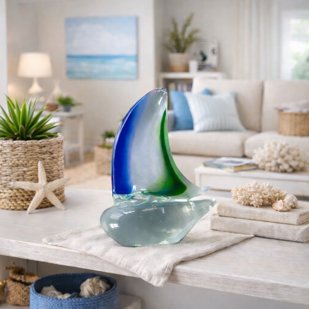 Murano Style Art Glass Sailboat Blue Green Hand Blown Coastal Nautical Decor 8"